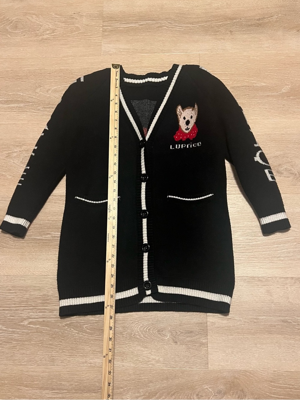 Luprice Teddy Bear Varsity Knit Cardigan Black White Button Front No Tags Small - Picture 12 of 13